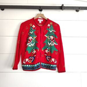 Vtg Parisian Works Christmas Cardigan Santa Christmas Tree Beaded Embellished M